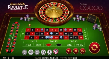 Online European roulette table with spinning wheel, betting board, chips, and cash balance display.