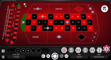 Virtual French roulette table screen showing the betting layout with red/black numbered pockets and a green outside bet area; chips placed on numbers and a 5 chip on the wheel area, with total bet and winnings UI at the bottom.