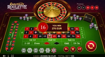 European roulette table screenshot: wheel centered with betting area and a red 'YOU WIN 270 EUR' banner showing a win.