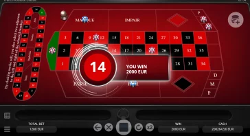 Digital roulette interface with red betting grid, chips on numbers, and a prominent 'YOU WIN 2000 EUR' banner in the center panel.