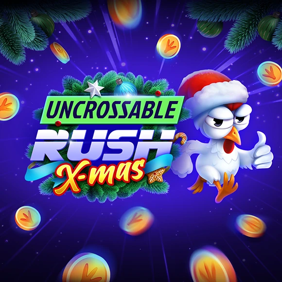 Promotional game banner for 'Uncrossable Rush X-mas' featuring a smug chicken in a Santa hat, a festive wreath backdrop, and gold coins against a purple space-like background.