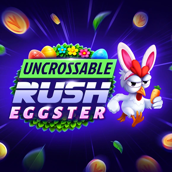 Promotional artwork for a game called Uncrossable Rush Eggster: a cartoon chicken holding a carrot beside colorful eggs on a purple burst background.