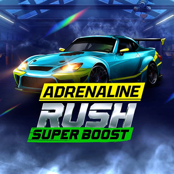 Promotional cover art for a racing game: teal sports car in a neon-lit garage with bold yellow and green title text 'Adrenaline Rush' and 'Super Boost' banner.