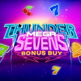 Neon game banner: 'Thunder Mega Sevens Bonus Buy' with cherries, bells, and blue sevens on a purple glow.