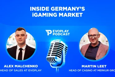 Evoplay Podcast banner with two guest headshots and a central microphone on a blue background.