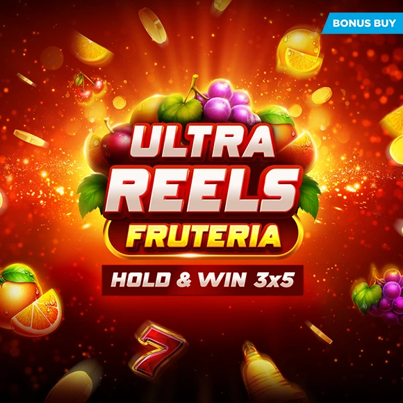 Promo image for Ultra Reels Frutería: colorful fruit cluster, 'Hold & Win 3x5' banner with gold sparks.
