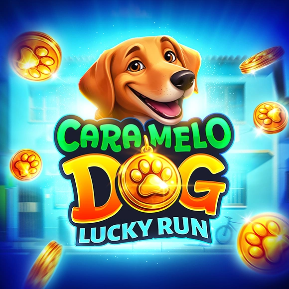 Colorful game cover for 'Cara Melo Dog Lucky Run' featuring a smiling dog, glowing coins, and bold green-yellow title text.