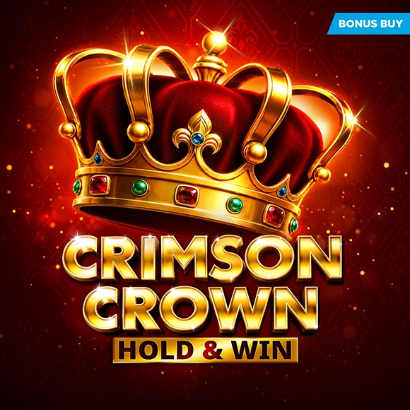 Gold crown with gems and red velvet, above the text 'CRIMSON CROWN HOLD & WIN' with a blue bonus buy banner in the corner.