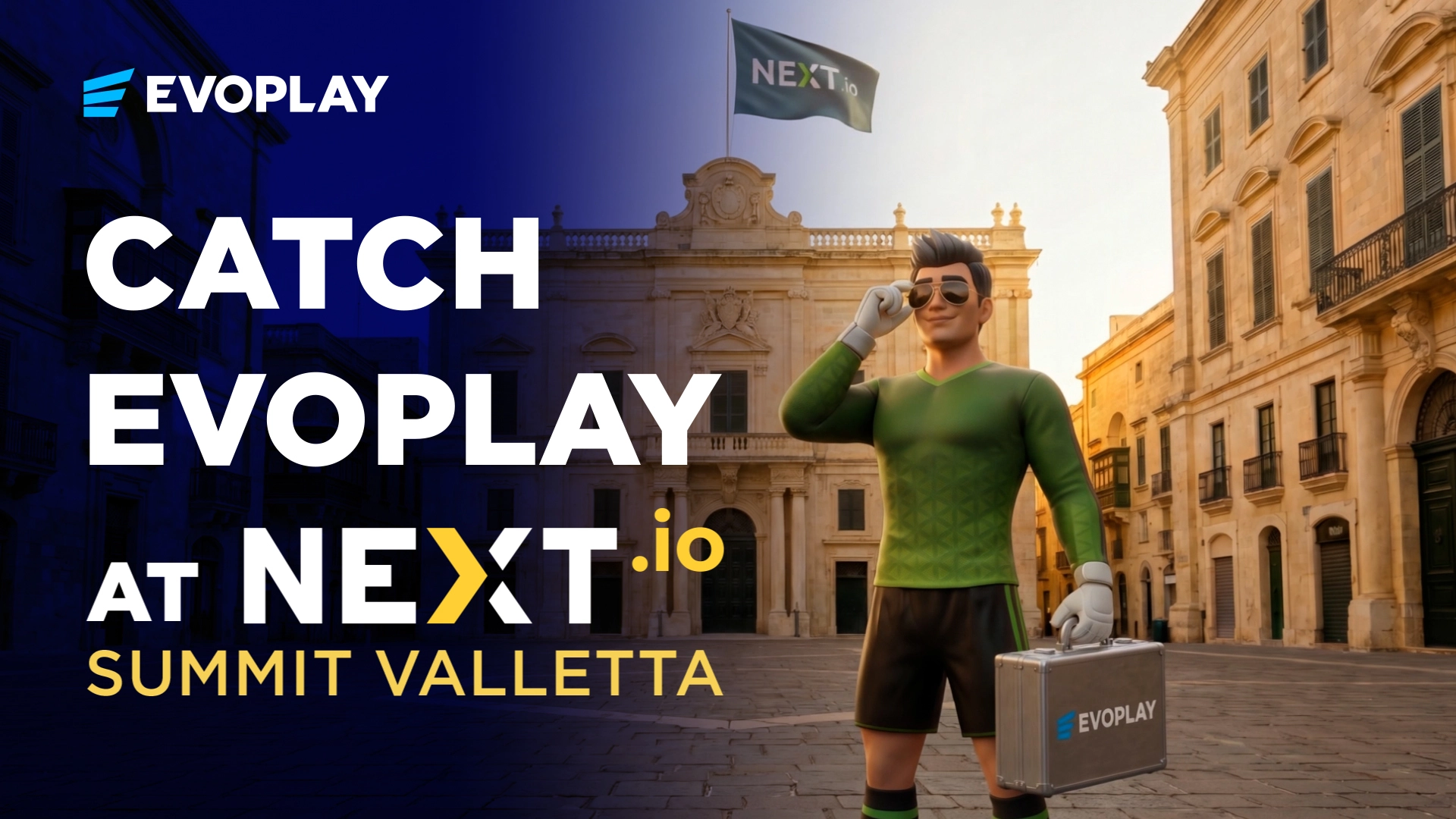 Promotional banner for Evoplay at NEXT.io Summit Valletta, with bold white text and a green-suited mascot standing in a sunlit plaza holding a briefcase.