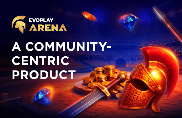 Promotional banner for Evoplay Arena with a knight helmet, sword, gold coins and gems, and the headline 'A Community-Centric Product'.