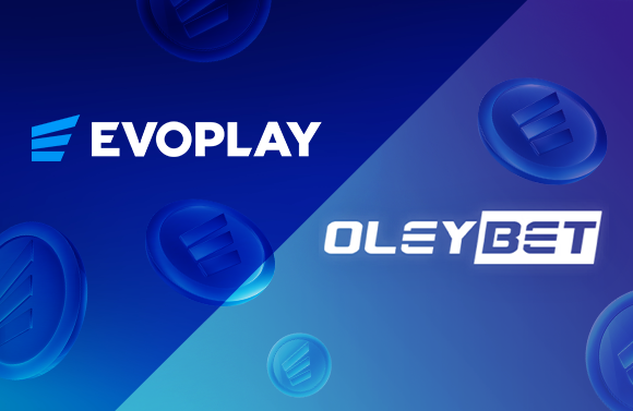 Split blue gradient banner with Evoplay logo on the left and OLEYBET logo on the right, surrounded by floating blue coins.