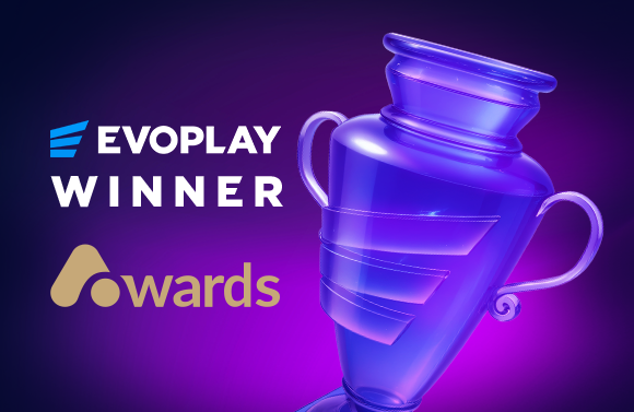 Blue trophy glowing with a purple background, featuring the EVOPLAY WINNER and awards branding.