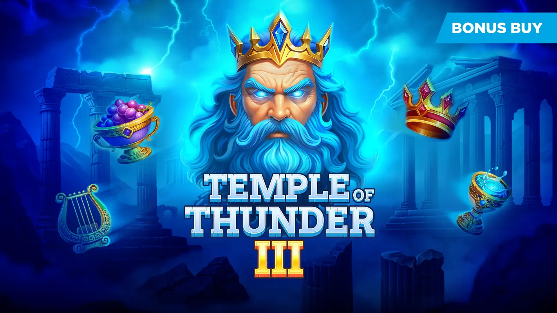 Blue-bearded thunder god with a gold crown above the 'Temple of Thunder II' title, surrounded by blue lightning and ancient ruins.