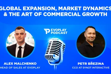 Blue Evoplay Podcast banner with the headline 'Global Expansion, Market Dynamics & the Art of Commercial Growth' and circular headshots of two guests flanking a central microphone.
