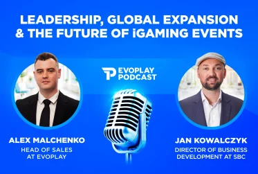 Evoplay Podcast banner showing two host portraits in circular frames with a central microphone on a blue background and the title about leadership and iGaming events, June 2024 (promo artwork).