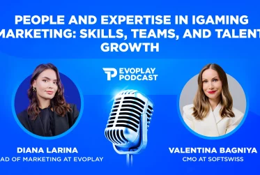 Blue Evoplay Podcast banner with white title text and a central microphone between two circular headshots of women (left: Diana Larina, right: Valentina Bagniya).