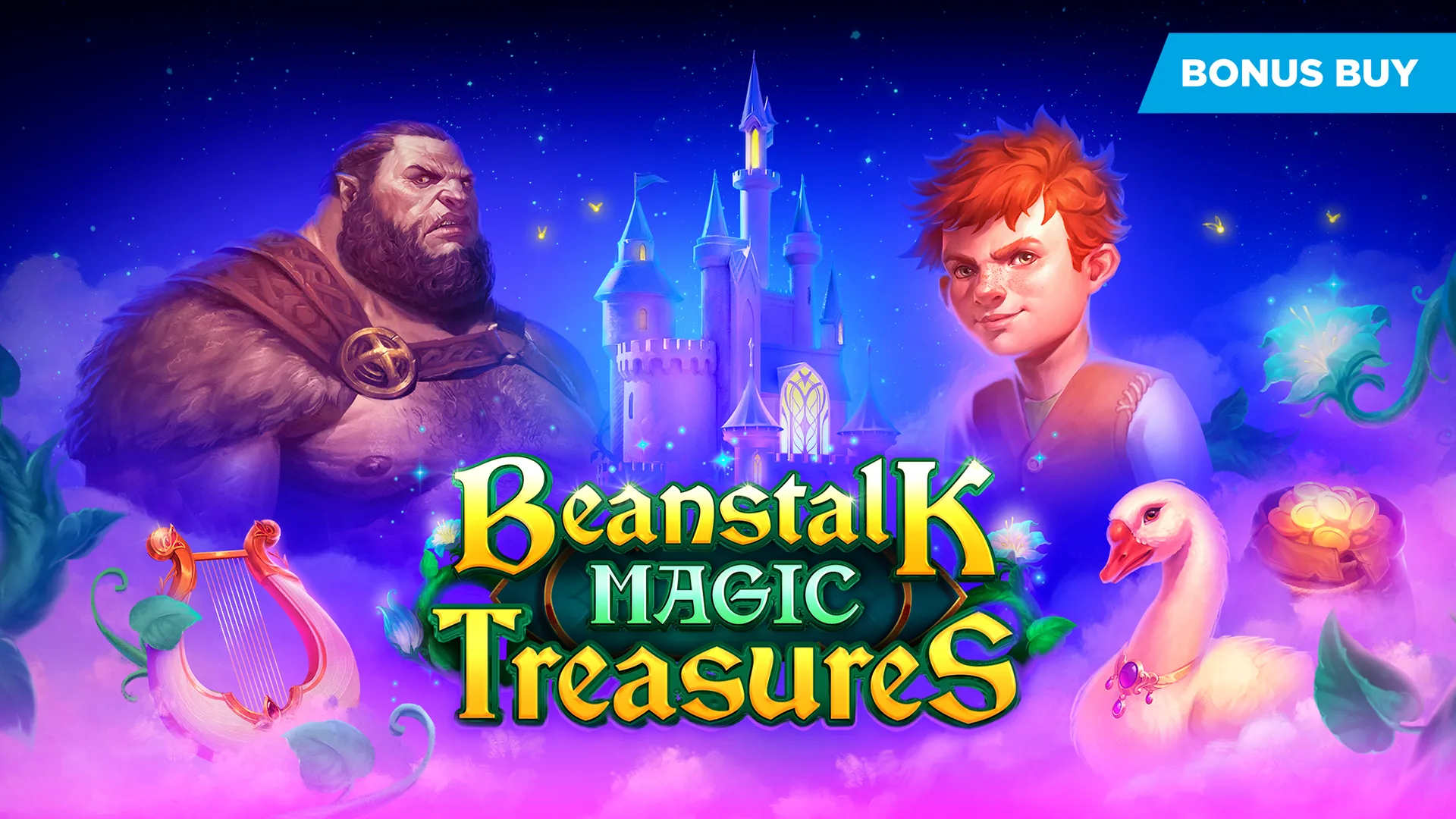 Fantasy game cover with a large ogre and a red-haired boy before a glowing castle, swan, and treasure.