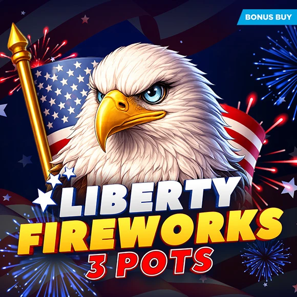 Eagle with blue eyes in front of the American flag and fireworks, promoting Liberty Fireworks 3 Pots (bonus buy).