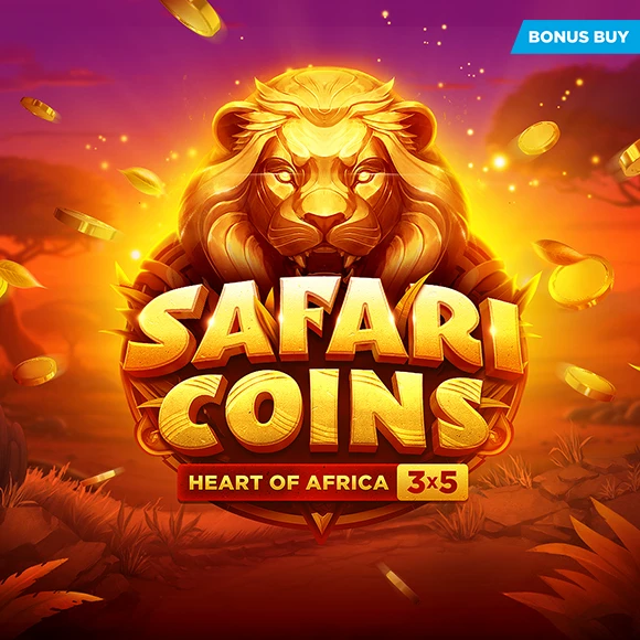 Gold lion promo art for Safari Coins: Heart of Africa, with flying coins and a 3x5 bonus badge.