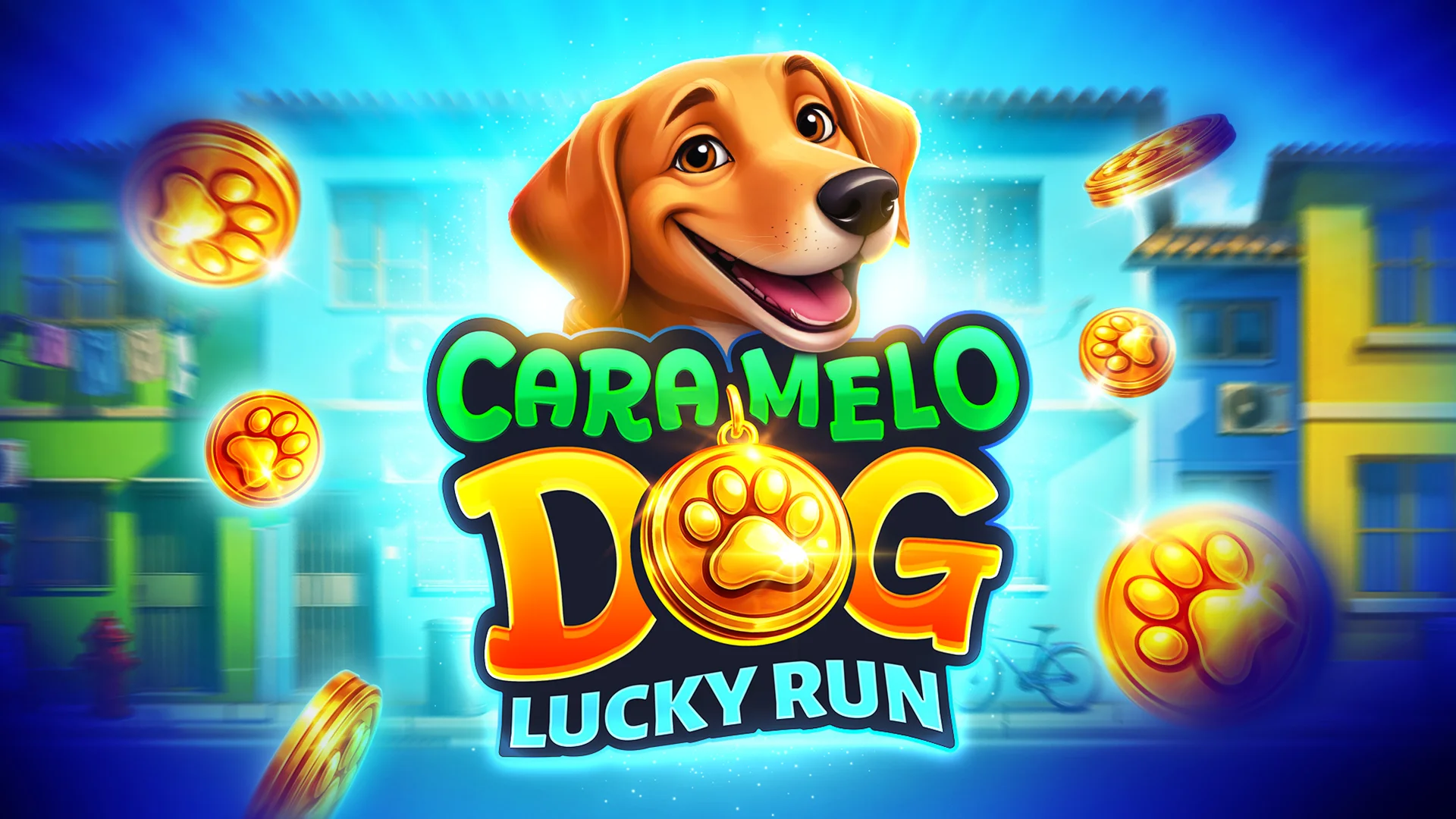 Bright game cover with a happy cartoon dog and glowing gold coins flying around; title reads 'Caramelo Dog' and 'Lucky Run'.