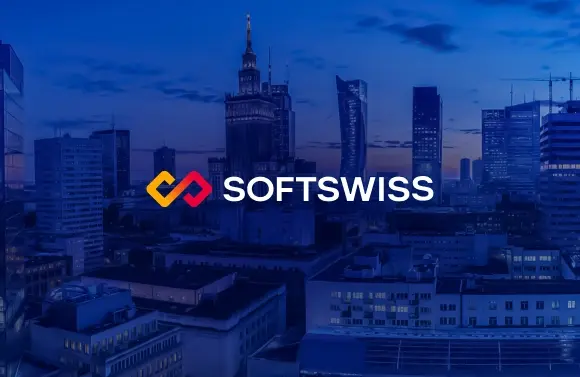 SoftSwiss logo centered over a blue-tinted city skyline.