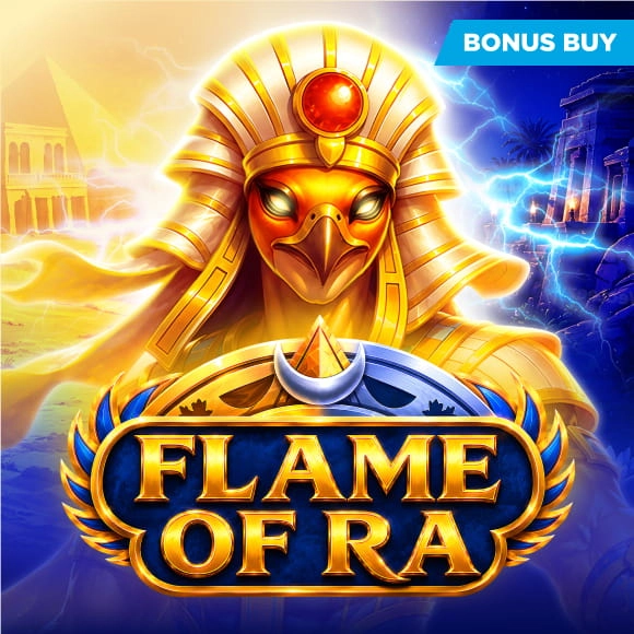Game cover for Flame of Ra featuring a regal golden hawk-headed god with radiant flames and a blue shield bearing the title, plus a BONUS BUY banner.