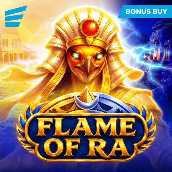 Slot game cover: golden Ra figure with sun helmet, blue-gold shield and fiery glow, 'Flame of Ra' title beneath, 'Bonus Buy' badge at top-right.