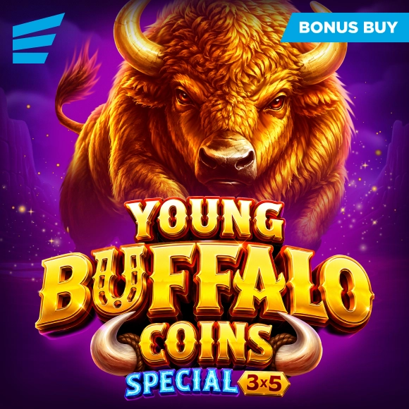 Buffalo game cover featuring a roaring buffalo and bold gold text: Young Buffalo Coins Special, 3x5 bonus buy, purple starry background