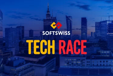 SoftSwiss logo above bold yellow and red text reading TECH RACE over a blue-tinted city skyline banner.