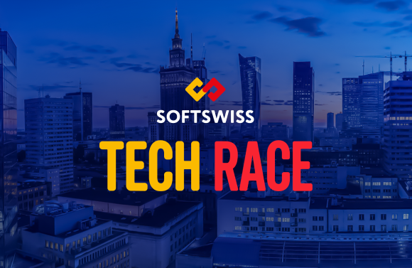 SoftSwiss logo above bold yellow and red text reading TECH RACE over a blue-tinted city skyline banner.