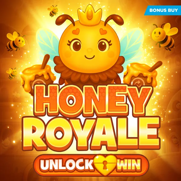 Colorful game cover for Honey Royale with a crowned bee, honey pots, glowing background, and the bold text 'HONEY ROYALE' and 'UNLOCK WIN' (BONUS BUY).