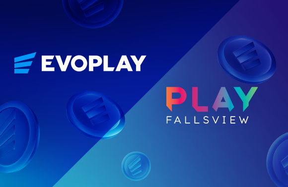 Blue gradient banner with Evoplay logo on the left and colorful 'PLAY FALLSVIEW' text on the right, surrounded by floating blue circular tokens bearing an E symbol.